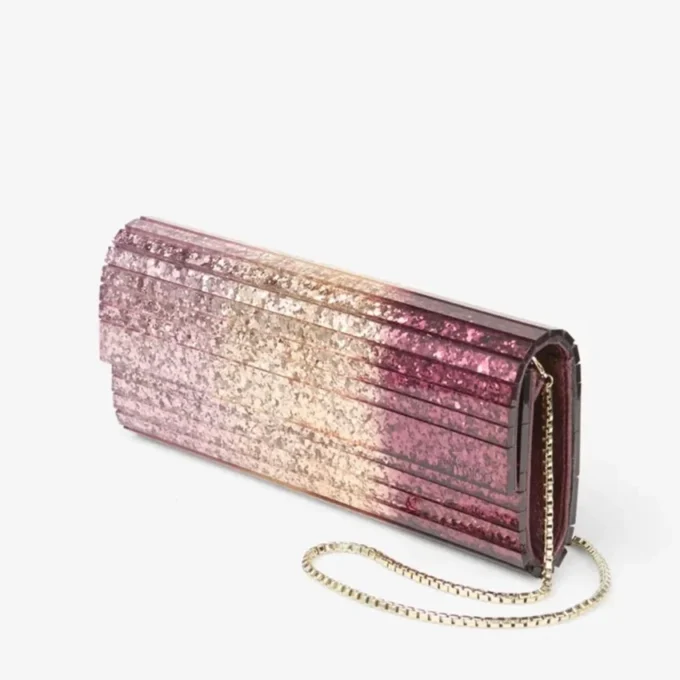 Bolso de mano Sweetie de plexiglás acrílico con purpurina degradada en tono rosa sedoso