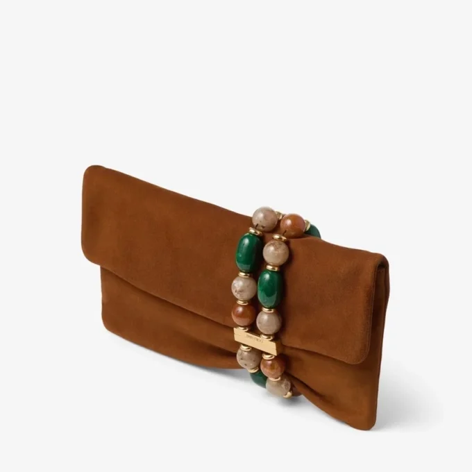 Bolso de mano Zandra de ante marrón claro con pulsera de cuentas