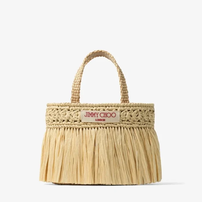 Bolso de playa East-West Mini Bolso de playa mini de rafia tejida en color natural y dorado claro con flecos