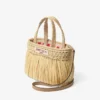 Bolso de playa East-West Mini Bolso de playa mini de rafia tejida en color natural y dorado claro con flecos