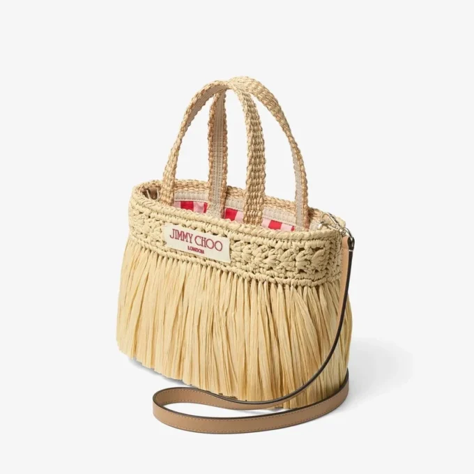 Bolso de playa East-West Mini Bolso de playa mini de rafia tejida en color natural y dorado claro con flecos