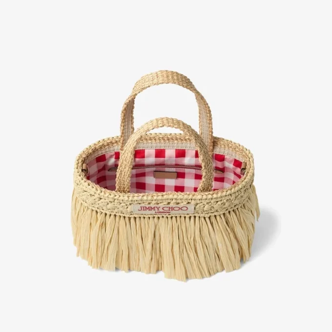 Bolso de playa East-West Mini Bolso de playa mini de rafia tejida en color natural y dorado claro con flecos