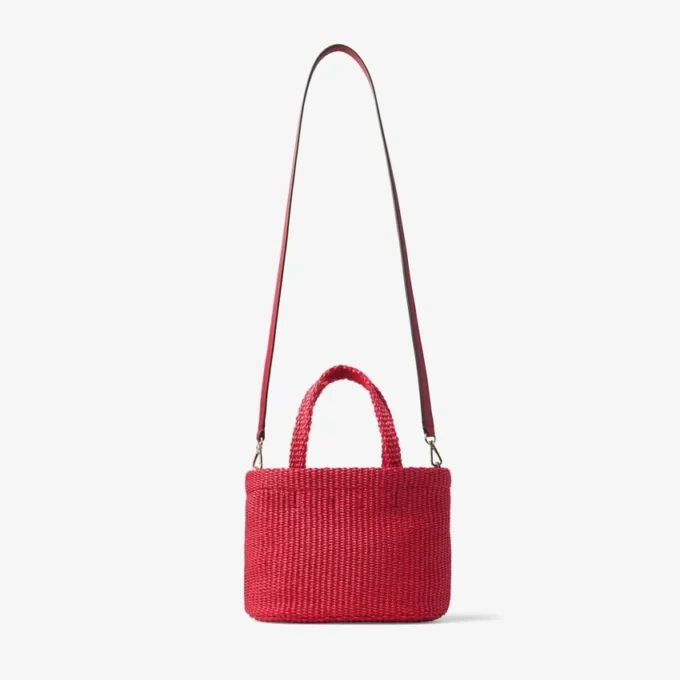 Bolso de playa East-West Mini en rojo rubí y dorado claro. Mini bolso de playa con asas superiores Bolso de playa East-West Mini en rojo rubí y dorado claro. Mini bolso de playa con asas superiores