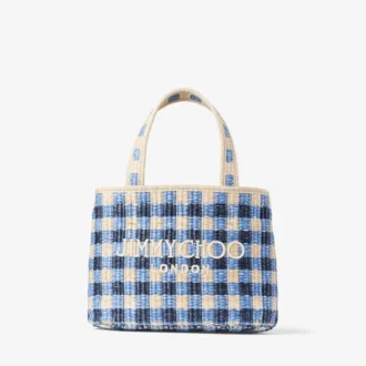 Bolso de playa tipo tote East-West Mini de rafia en mezcla de azul marino y estampado de cuadros vichy en color crudo