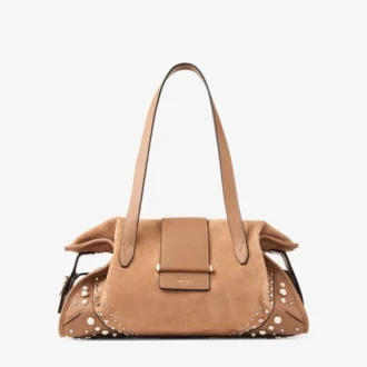 Bolso de viaje Bar Holdall mediano de ante color toffee con ribetes de cuero Biker y tachuelas de perlas