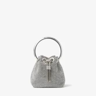 Bolso Micro Bon Bon de malla de cristal plateado con asa metálica