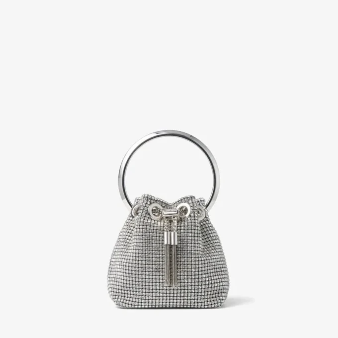 Bolso Micro Bon Bon de malla de cristal plateado con asa metálica