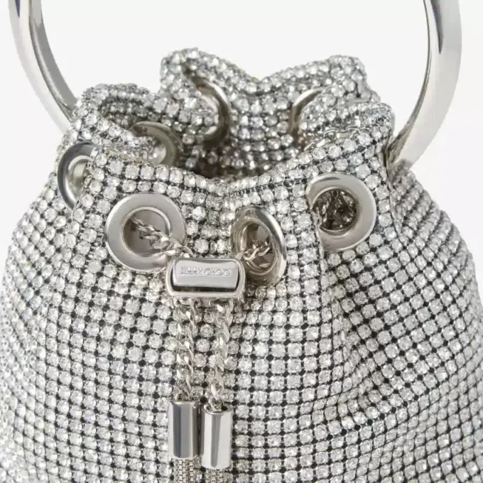 Bolso Micro Bon Bon de malla de cristal plateado con asa metálica