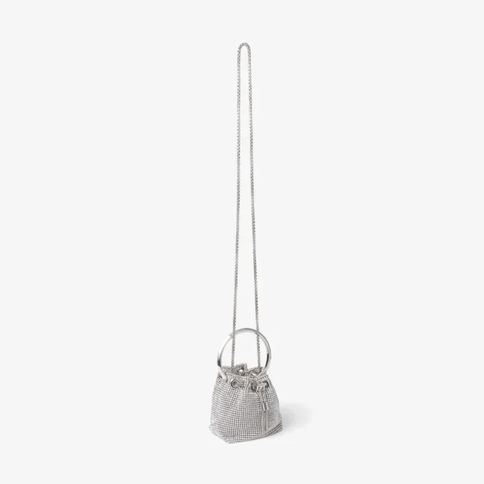 Bolso Micro Bon Bon de malla de cristal plateado con asa metálica