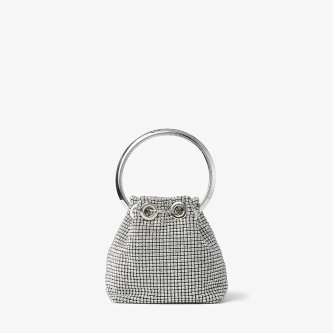 Bolso Micro Bon Bon de malla de cristal plateado con asa metálica