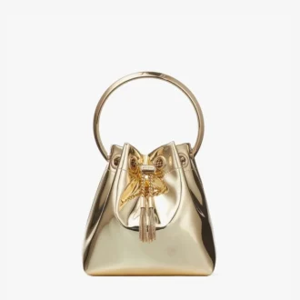 Bolso mini Bon Bon de tela dorada espejada con asa metálica