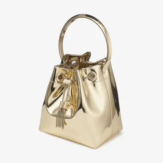 Bolso mini Bon Bon de tela dorada espejada con asa metálica