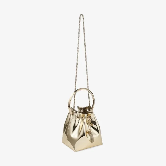 Bolso mini Bon Bon de tela dorada espejada con asa metálica