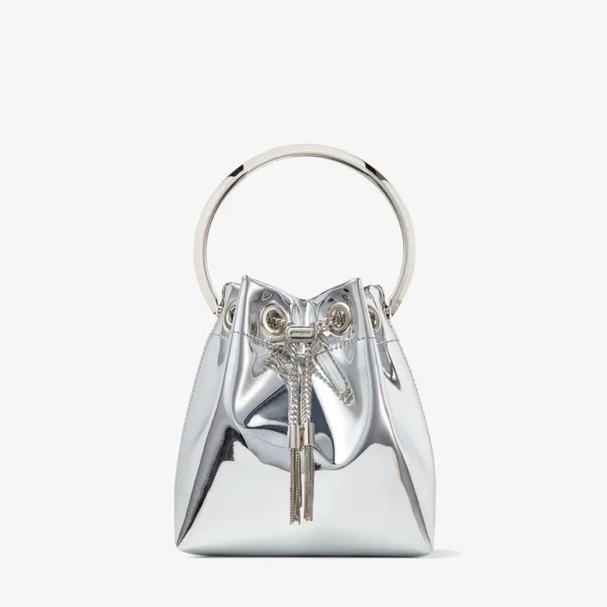 Bolso mini Bon Bon de tela plateada con asas metálicas Bolso mini Bon Bon de tela plateada con asas metálicas