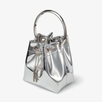 Bolso mini Bon Bon de tela plateada con asas metálicas