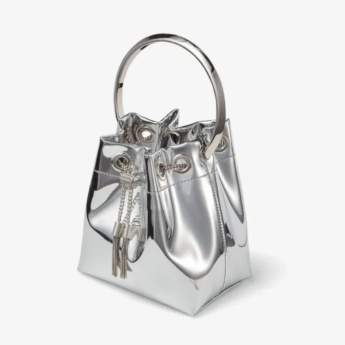 Bolso mini Bon Bon de tela plateada con asas metálicas Bolso mini Bon Bon de tela plateada con asas metálicas