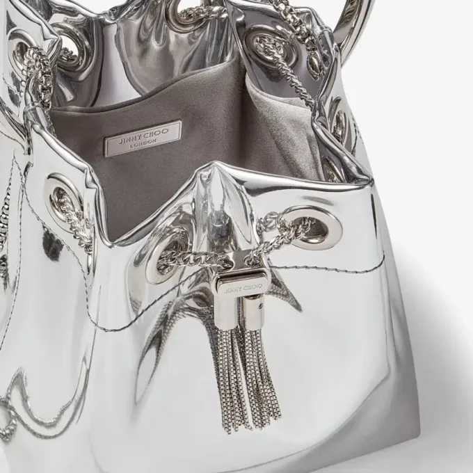 Bolso mini Bon Bon de tela plateada con asas metálicas Bolso mini Bon Bon de tela plateada con asas metálicas