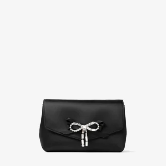 Bolso mini con lazo suave Bolso mini de satén negro con lazo de cristal