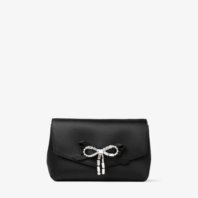 Bolso mini con lazo suave Bolso mini de satén negro con lazo de cristal
