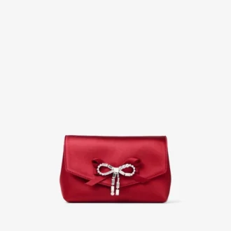 Bolso mini con lazo suave Bolso mini de satén rojo rubí con lazo de cristales