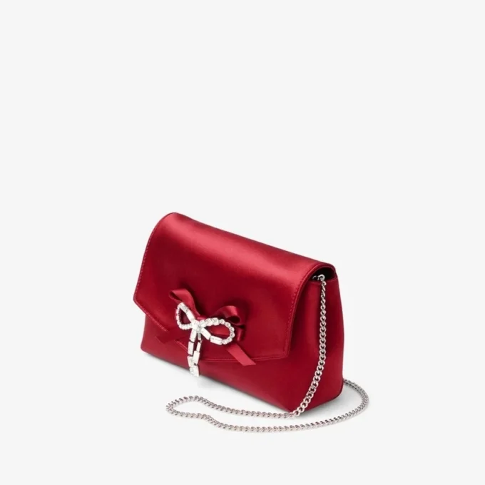 Bolso mini con lazo suave Bolso mini de satén rojo rubí con lazo de cristales