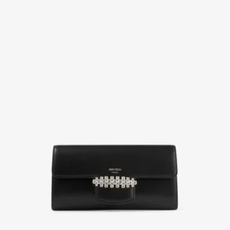 Bolso mini de hombro Bing Wallet Chain de piel negra con pieza de cristal