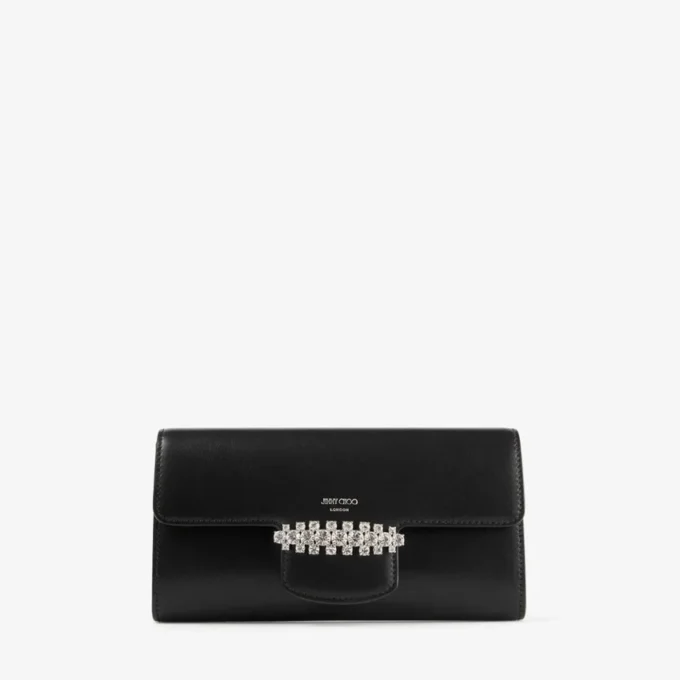 Bolso mini de hombro Bing Wallet Chain de piel negra con pieza de cristal