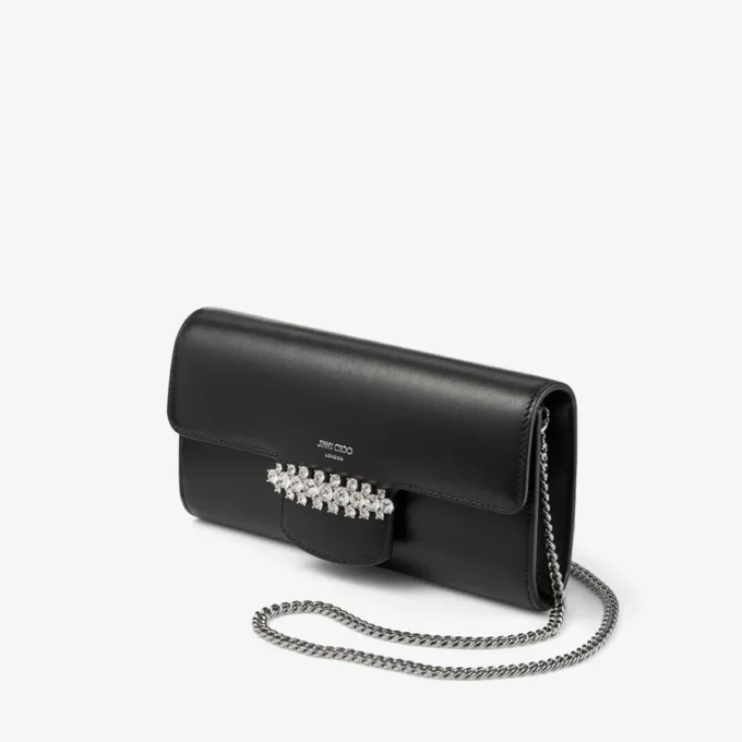 Bolso mini de hombro Bing Wallet Chain de piel negra con pieza de cristal
