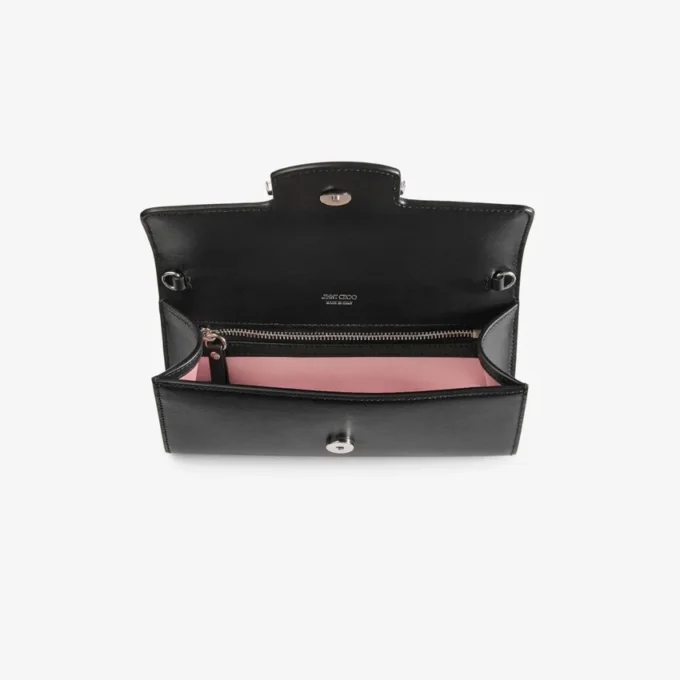 Bolso mini de hombro Bing Wallet Chain de piel negra con pieza de cristal