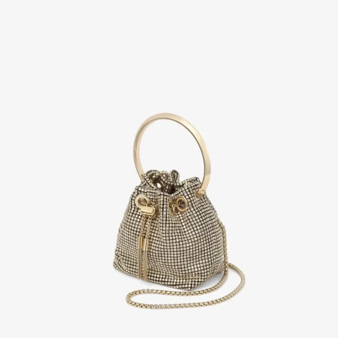 Bolso mini Micro Bon Bon de malla cristalina color champán Bolso mini Micro Bon Bon de malla cristalina color champán