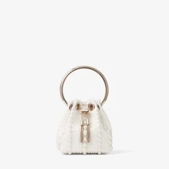 Bolso mini Micro Bon Bon de satén marfil con perlas por toda la superficie