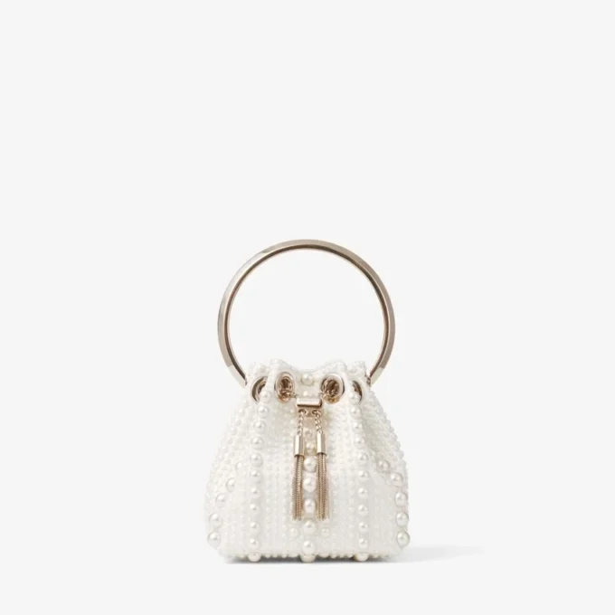 Bolso mini Micro Bon Bon de satén marfil con perlas por toda la superficie Bolso mini Micro Bon Bon de satén marfil con perlas por toda la superficie