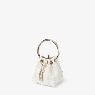 Bolso mini Micro Bon Bon de satén marfil con perlas por toda la superficie
