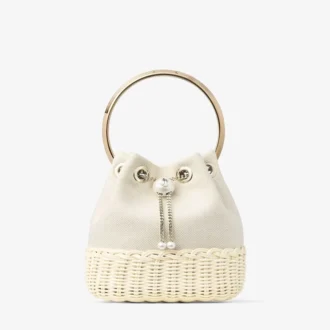 Bolso tipo cubo Bon Bon de lona moteada color almendra y mimbre