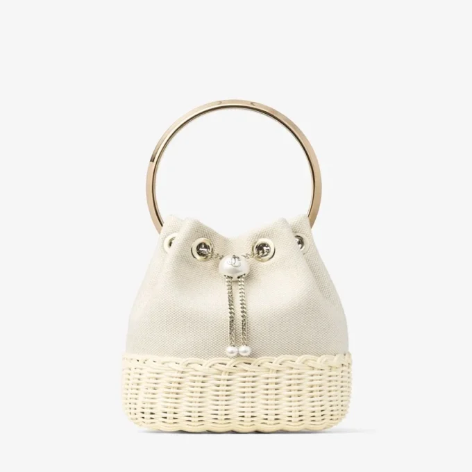 Bolso tipo cubo Bon Bon de lona moteada color almendra y mimbre
