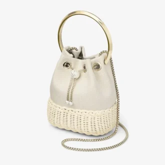 Bolso tipo cubo Bon Bon de lona moteada color almendra y mimbre