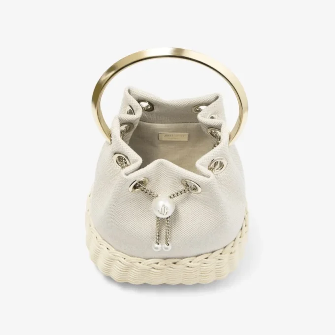 Bolso tipo cubo Bon Bon de lona moteada color almendra y mimbre