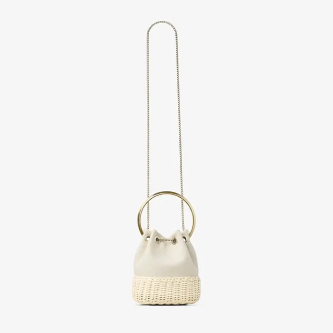 Bolso tipo cubo Bon Bon de lona moteada color almendra y mimbre