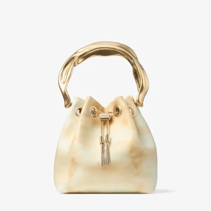 Bolso tipo cubo Bon Bon de piel teñida al estilo tie-dye en mezcla natural con asa esculpida