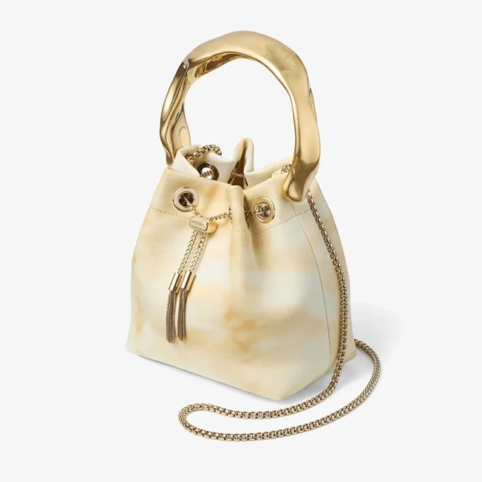 Bolso tipo cubo Bon Bon de piel teñida al estilo tie-dye en mezcla natural con asa esculpida