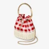 Bolso tipo cubo Bon Bon de tela de algodón a cuadros vichy rojo rubí y mimbre Bolso tipo cubo Bon Bon de tela de algodón a cuadros vichy rojo rubí y mimbre