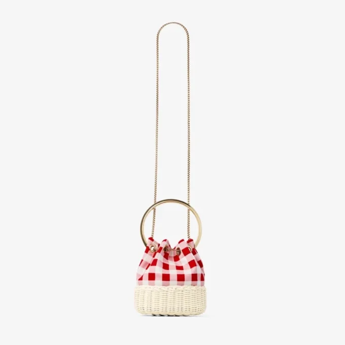 Bolso tipo cubo Bon Bon de tela de algodón a cuadros vichy rojo rubí y mimbre Bolso tipo cubo Bon Bon de tela de algodón a cuadros vichy rojo rubí y mimbre