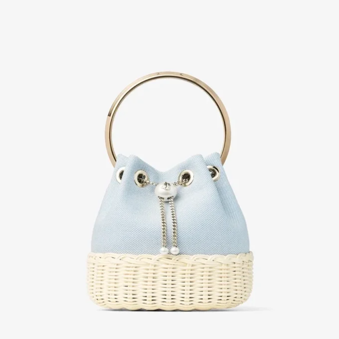 Bolso tipo cubo de lona moteada y mimbre Bon Bon en azul Riviera Bolso tipo cubo de lona moteada y mimbre Bon Bon en azul Riviera
