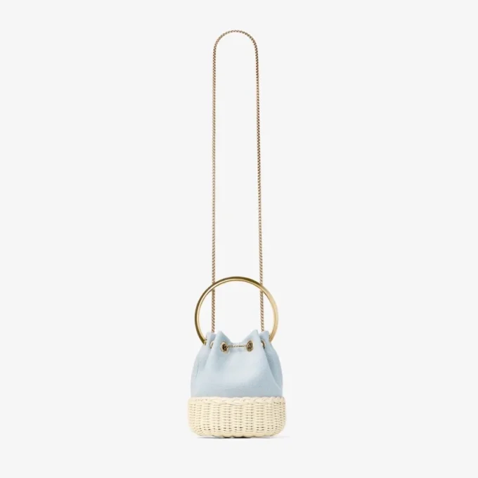 Bolso tipo cubo de lona moteada y mimbre Bon Bon en azul Riviera Bolso tipo cubo de lona moteada y mimbre Bon Bon en azul Riviera