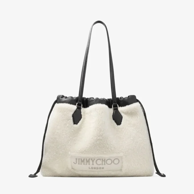 Bolso tote con cordón Bolso tote mediano de piel de oveja natural con cordón y ribetes de cuero Bolso tote con cordón Bolso tote mediano de piel de oveja natural con cordón y ribetes de cuero