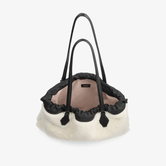 Bolso tote con cordón Bolso tote mediano de piel de oveja natural con cordón y ribetes de cuero Bolso tote con cordón Bolso tote mediano de piel de oveja natural con cordón y ribetes de cuero