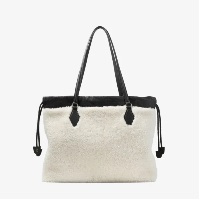 Bolso tote con cordón Bolso tote mediano de piel de oveja natural con cordón y ribetes de cuero Bolso tote con cordón Bolso tote mediano de piel de oveja natural con cordón y ribetes de cuero