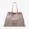 Bolso tote grande con cordón Bolso tote de rafia con cordón, diseño chevron multicolor y marrón claro, con ribetes de piel