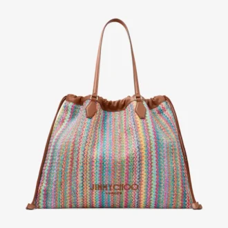 Bolso tote grande con cordón Bolso tote de rafia con cordón, diseño chevron multicolor y marrón claro, con ribetes de piel