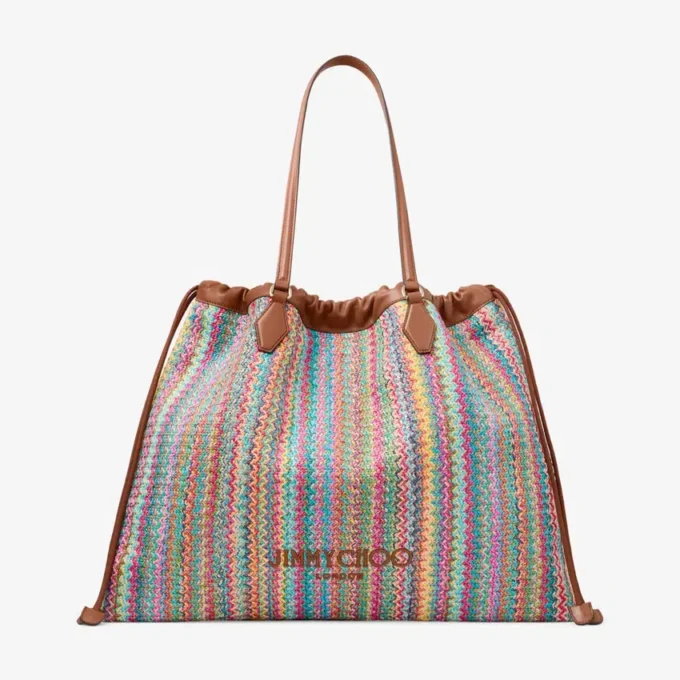 Bolso tote grande con cordón Bolso tote de rafia con cordón, diseño chevron multicolor y marrón claro, con ribetes de piel